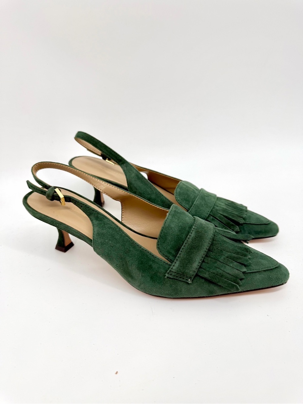 Ann Taylor Mila Dark Green Suede Fringe Slingback Kitten Heels Pointed Toe 6.5